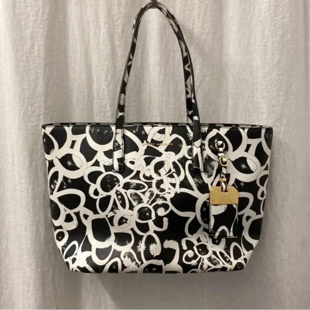 Marc Jacobs Abstract Black White Floral Print Large Tote Bag